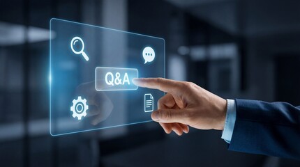 Businessman interacting with virtual Q&A interface in modern office