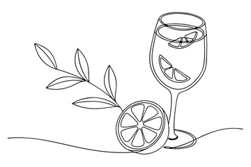 Refreshing lemon water in clear glass simple line art illustration