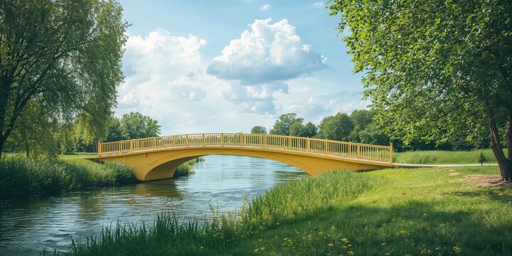 Bright yellow bridge spanning a waterway amidst trees and grass in summer, ideal for landscape backgrounds