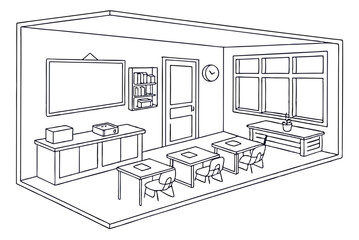 Educational classroom interior with whiteboard minimalist vector art