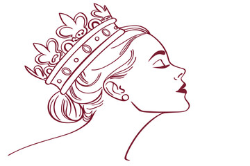 Beautiful woman wearing royal crown elegant queen line art portrait