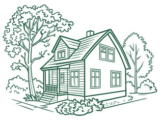 Small green house with garden trees peaceful home nature concept illustration