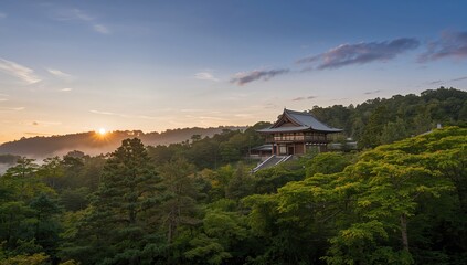 Fototapeta premium Ise Grand Shrine early morning scene, showcasing historic wooden structures and natural lighting for cultural preservation