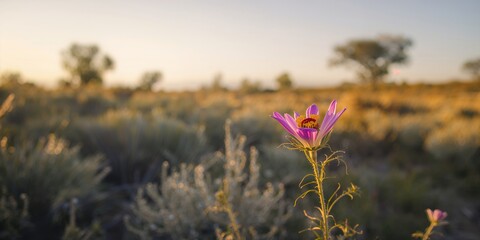 Plant in semi-desertic environment with flowering trees and lush greenery in Calden forest landscape, spring season, ecosystem preservation