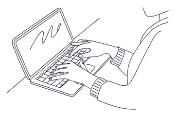 Hands typing on laptop computer line drawing modern work concept