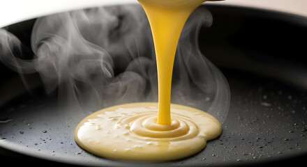 A stream of melted cheese pouring into a black pan with steam rising