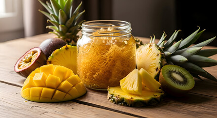 A jar of brown sugar with sliced mango,  kiwi,  and pineapple on a wooden table