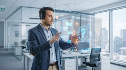 Businessman analyzing customer support data on futuristic virtual screen