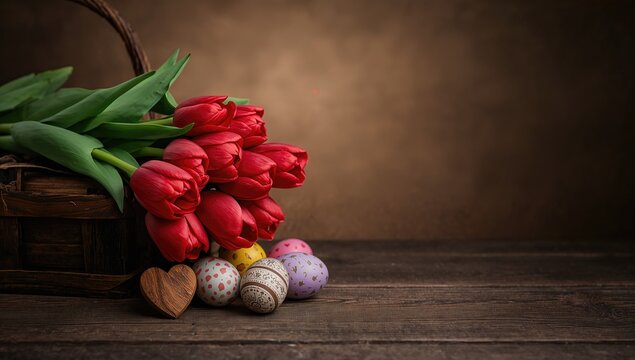 Spring holiday display featuring red tulips, wooden heart, and vibrant Easter eggs on dark wood background, cultural observance - Powered by Adobe