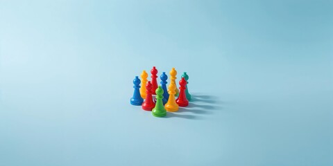 Vibrant pawns on a light blue background social inclusion, suitable for diversity awareness campaigns