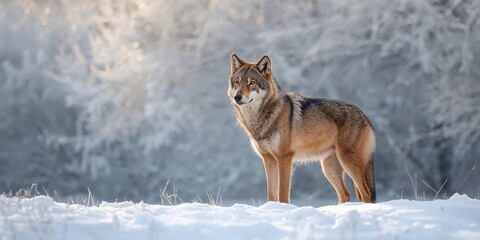 Fototapeta premium Gray and brown wolf in a forest setting, highlighting animal behavior study