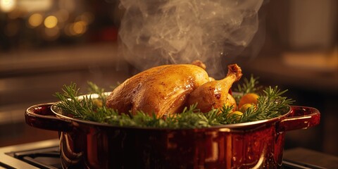 Chicken pot roast prepared for a festive holiday meal, highlighting seasonal family dining