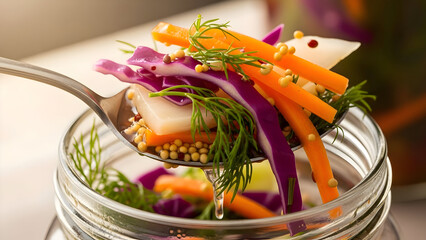 A spoon scooping a colorful mix of pickled vegetables from a glass jar