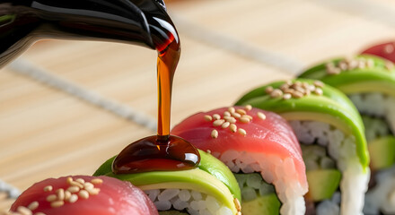 Sushi rolls being drizzled with soy sauce on a bamboo sushi mat