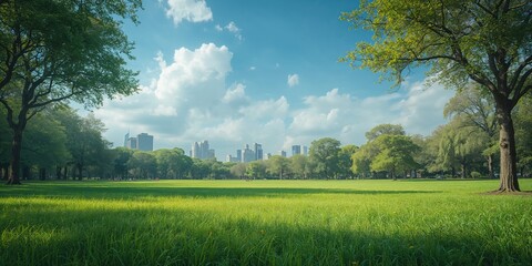 City park featuring vibrant green grass and a cloudy sky, designed as a layout backdrop