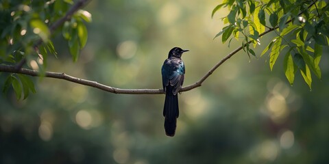 Obraz premium Greater Racket-tailed Drongo in natural habitat, focusing on its distinctive tail, avian behavior, wildlife observation