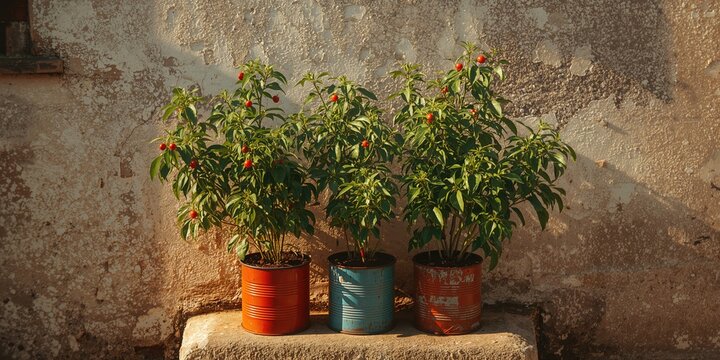 Miniature pepper plants in rustic metal containers placed against an old stone wall, highlighting container gardening