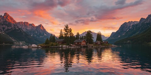 Mountains and lakeside homes viewed from a tranquil water setting, ideal for scenic backdrops