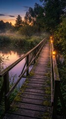 Fototapeta premium Serene wooden bridge over calm water at dawn with soft lighting