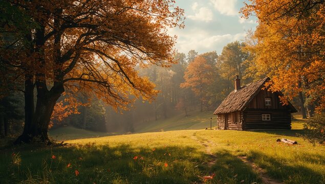 Autumn landscape showing a forest with a forester cabin, orange trees, and grassy glade, seasonal change