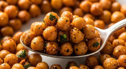 A spoonful of crispy roasted chickpeas seasoned with herbs and spices on a white background