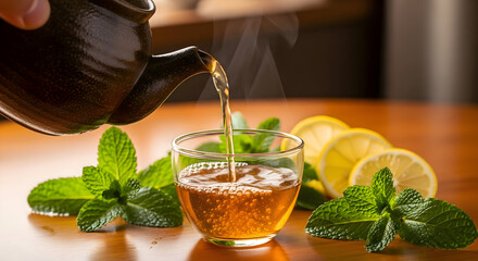 A refreshing glass of tea being poured with mint leaves and lemons on a wooden table