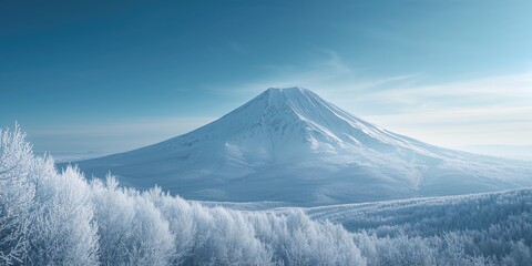 Mountain blanketed in snow with a bright blue sky, highlighting natural preservation and winter season