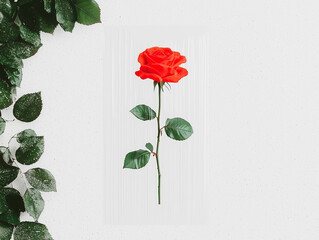 A classic red rose presented vertically on crisp white, representing purity, passion, and the elegance of simplicity.
