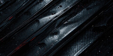 Closeup of a contemporary abstract surface with shiny metal and black carbon fiber, highlighting dents and curves for UI background