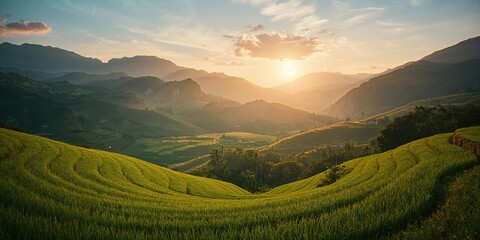 Sunset over rice terraces and mountain landscape in a rural village, highlighting agricultural scenery