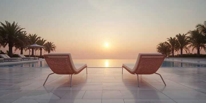 Two contemporary rattan lounge chairs placed on a marble poolside surface with a tranquil sky backdrop for vacation leisure