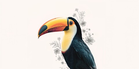 Naklejka premium Colorful toucan resting on tree branch amid lush foliage, highlighting bird diversity
