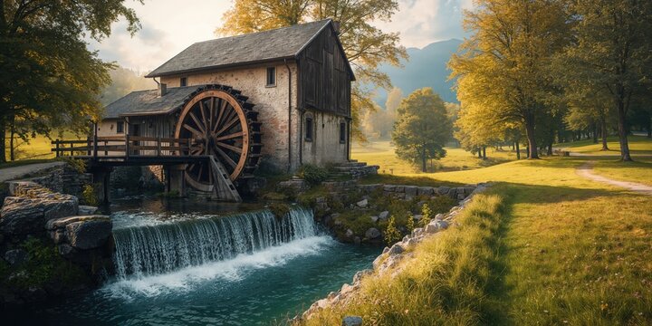 Old water mill wheel made of wood operating in a summer outdoor setting, highlighting vintage architecture, Earth Day