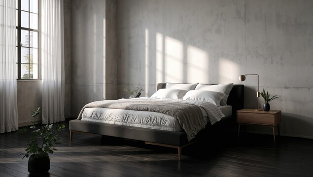 Modern bedroom interior featuring minimalist decor, suitable for visual layout and spatial arrangement