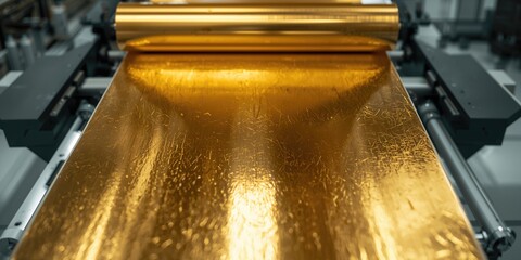 Close-up of metallized gold foil rolls used for embossing on printing products, manufacturing process, industrial safety