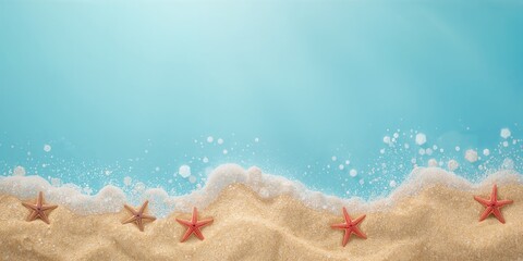Starfish and sand framing a blue background, suitable as a background for summer text or messaging