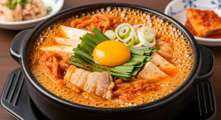Delicious koreanstyle kimchi stew with egg and green onions in a black bowl on a wooden table with other dishes
