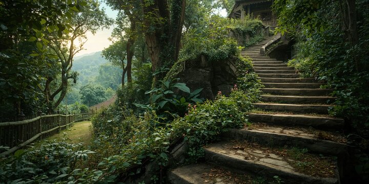 Stone steps ascending to a woodland cottage, used as a garden pathway, Earth Day
