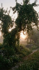Obraz premium Misty Morning with Overgrown Apple Tree and Stone Pathway