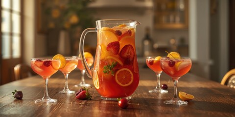 A vibrant fruit punch in a glass container on a table, colorful drinks for parties or events