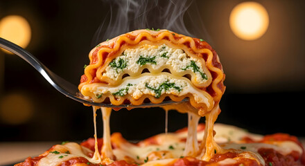 A slice of hot cheesy lasagna on a fork with melted mozzarella cheese strings