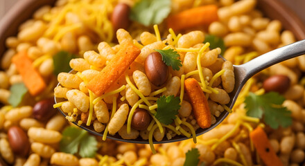 A spoonful of mixed bean and vegetable curry with herbs