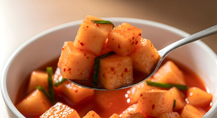 A spoonful of kimchi cubes in a bowl of spicy korean fermented cabbage dish