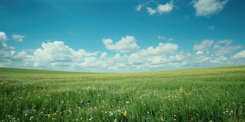 Bright summer scene with expansive green meadows and clear blue sky, suitable for layout backgrounds