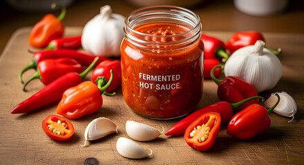 A jar of fermented hot sauce surrounded by red chili peppers and garlic cloves on cutting board