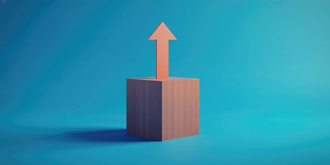 Business achievement visualization with an arrow icon on a wooden cube on a blue background, suitable for strategic planning