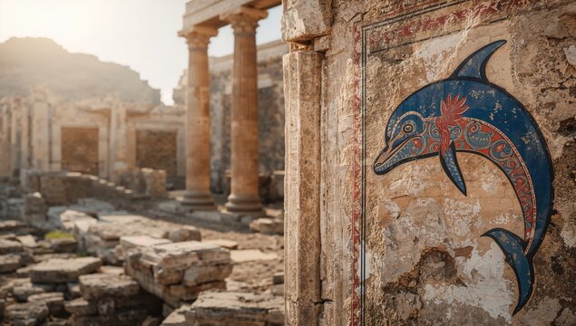 Minoan dolphin artwork on a fresco at Knossos palace ruins in Crete, Greece, archaeological relic