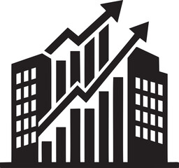 Black silhouette of buildings with upward trending bar graph and arrows white © zagrapic540