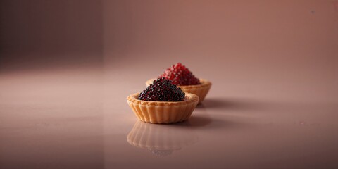 Vertical view of three red and black caviar tartlets, highlighting layered textures for fine dining, food presentation, World Food Day