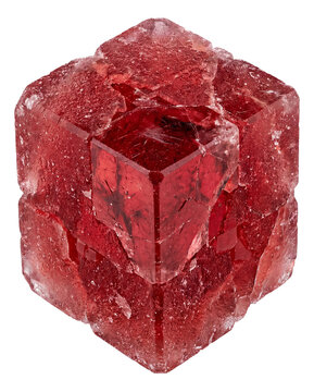 Red halite crystal with cubic shape and a granular surface.